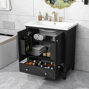 30" Bathroom Vanity with Sink Combo, Multi-Functional Cabinet, Doors, Drawer, Solid Frame, MDF, Black