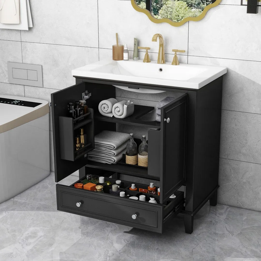 30" Bathroom Vanity with Sink Combo, Multi-Functional Cabinet, Doors, Drawer, Solid Frame, MDF, Black