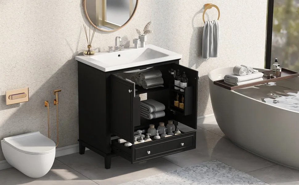 30" Bathroom Vanity with Sink Combo, Multi-Functional Cabinet, Doors, Drawer, Solid Frame, MDF, Black