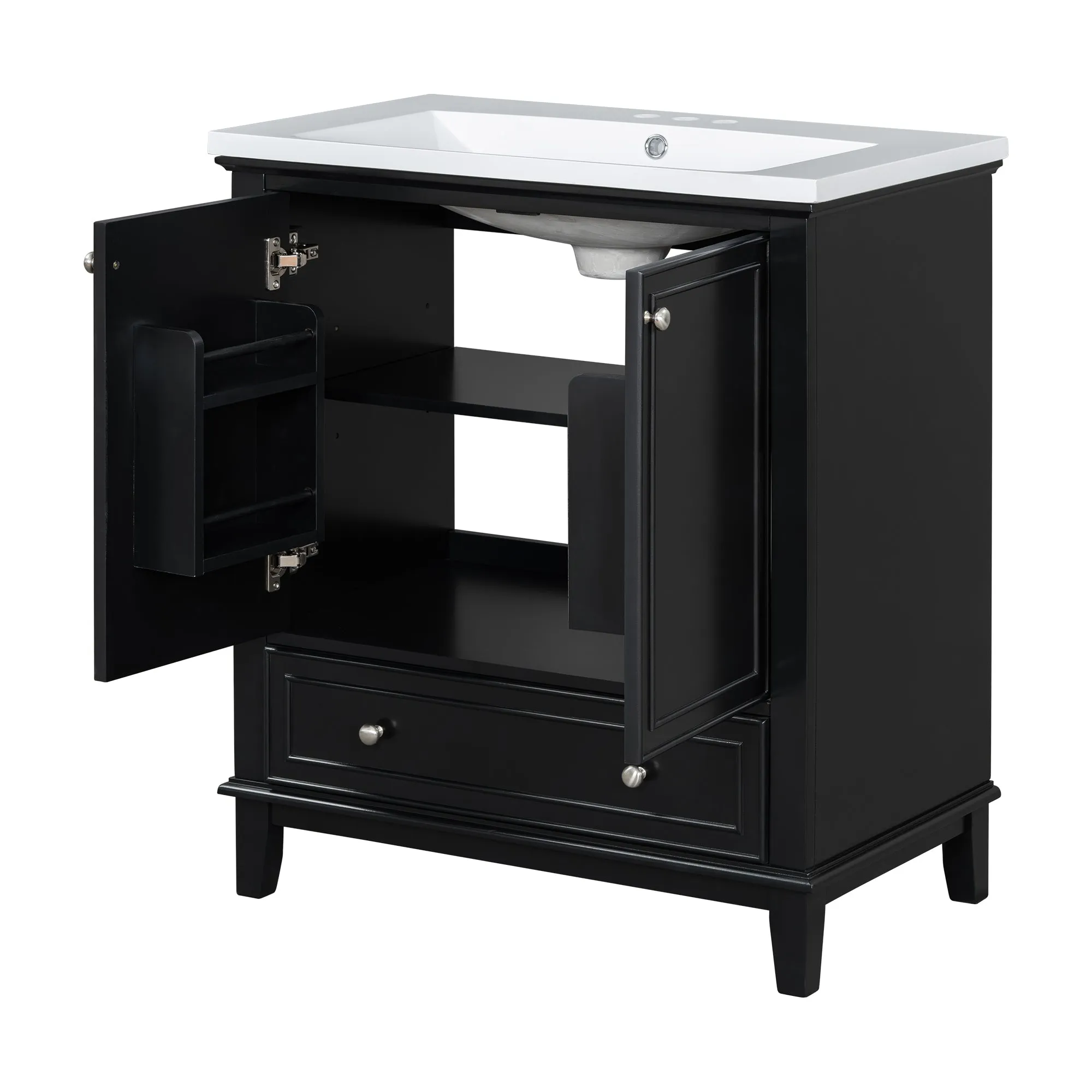 30" Bathroom Vanity with Sink Combo, Multi-Functional Cabinet, Doors, Drawer, Solid Frame, MDF, Black