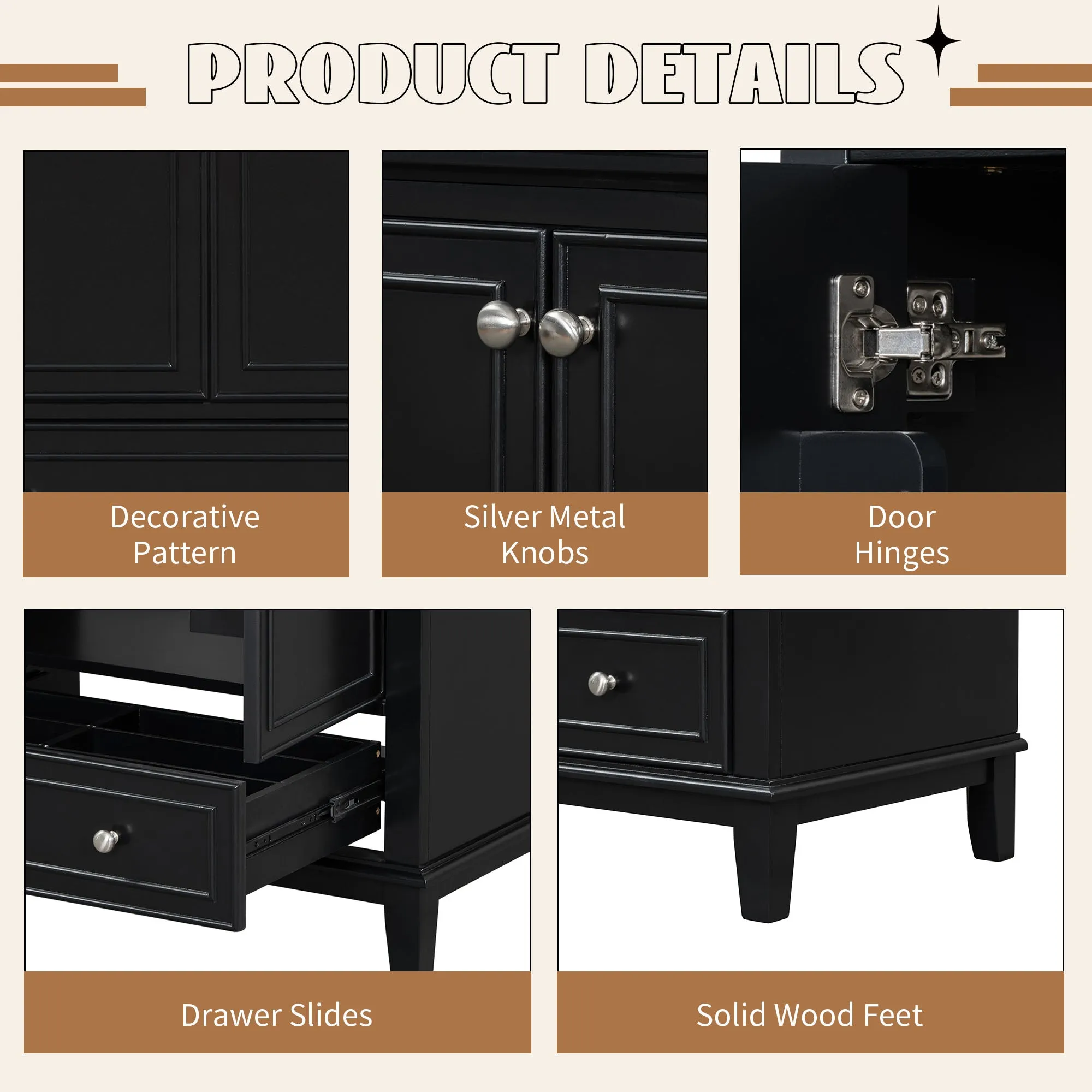 30" Bathroom Vanity with Sink Combo, Multi-Functional Cabinet, Doors, Drawer, Solid Frame, MDF, Black