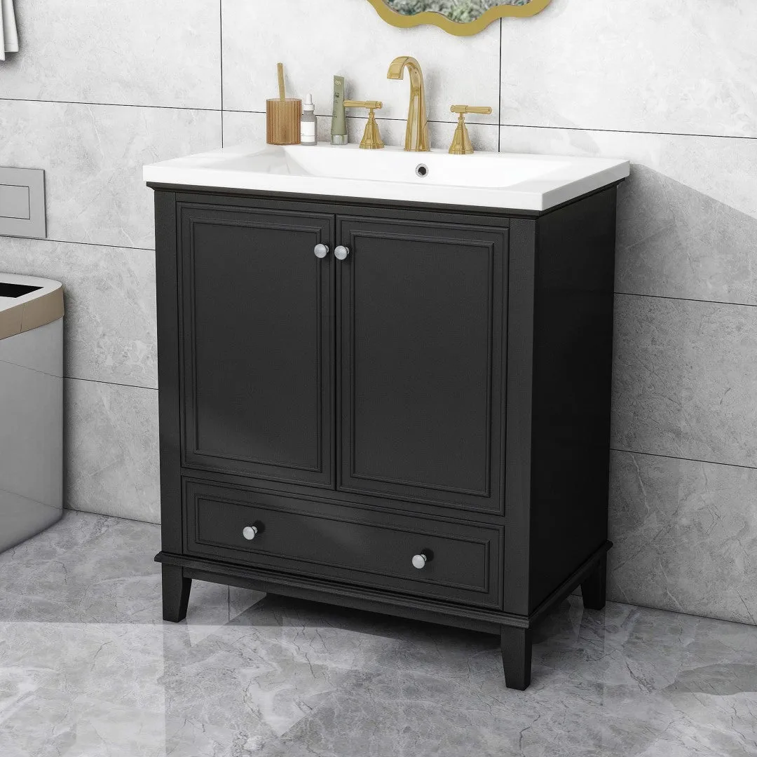 30" Bathroom Vanity with Sink Combo, Multi-Functional Cabinet, Doors, Drawer, Solid Frame, MDF, Black