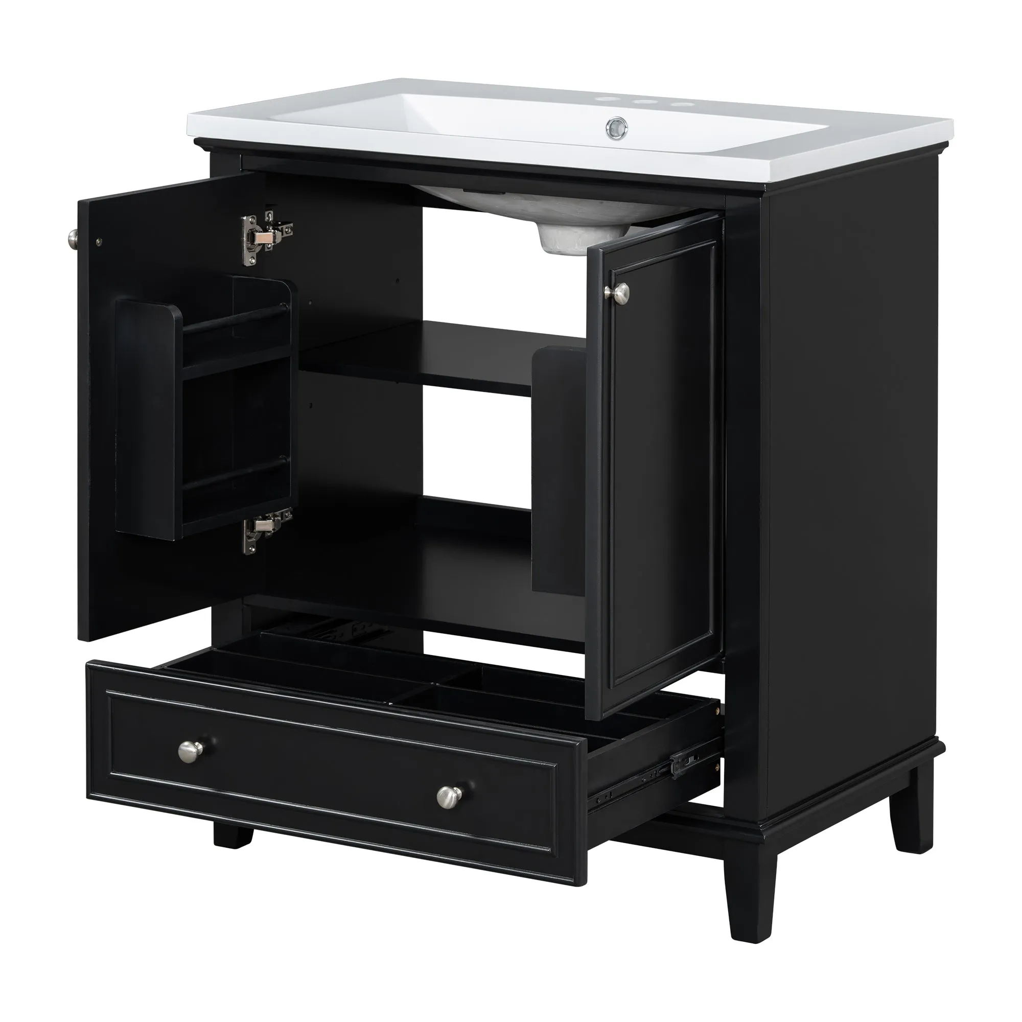 30" Bathroom Vanity with Sink Combo, Multi-Functional Cabinet, Doors, Drawer, Solid Frame, MDF, Black