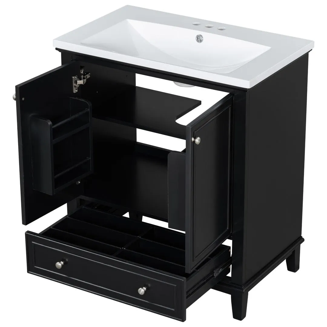 30" Bathroom Vanity with Sink Combo, Multi-Functional Cabinet, Doors, Drawer, Solid Frame, MDF, Black