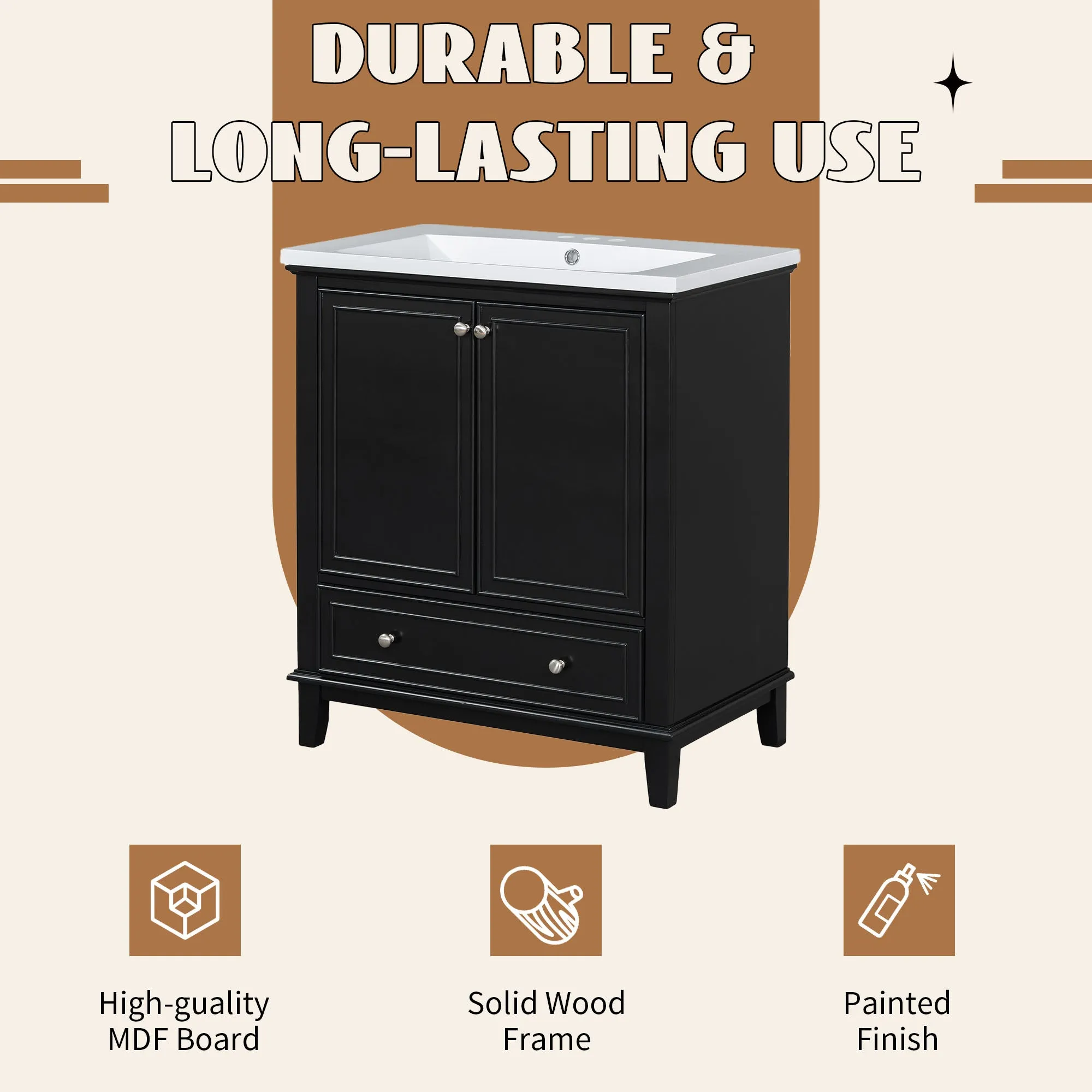 30" Bathroom Vanity with Sink Combo, Multi-Functional Cabinet, Doors, Drawer, Solid Frame, MDF, Black