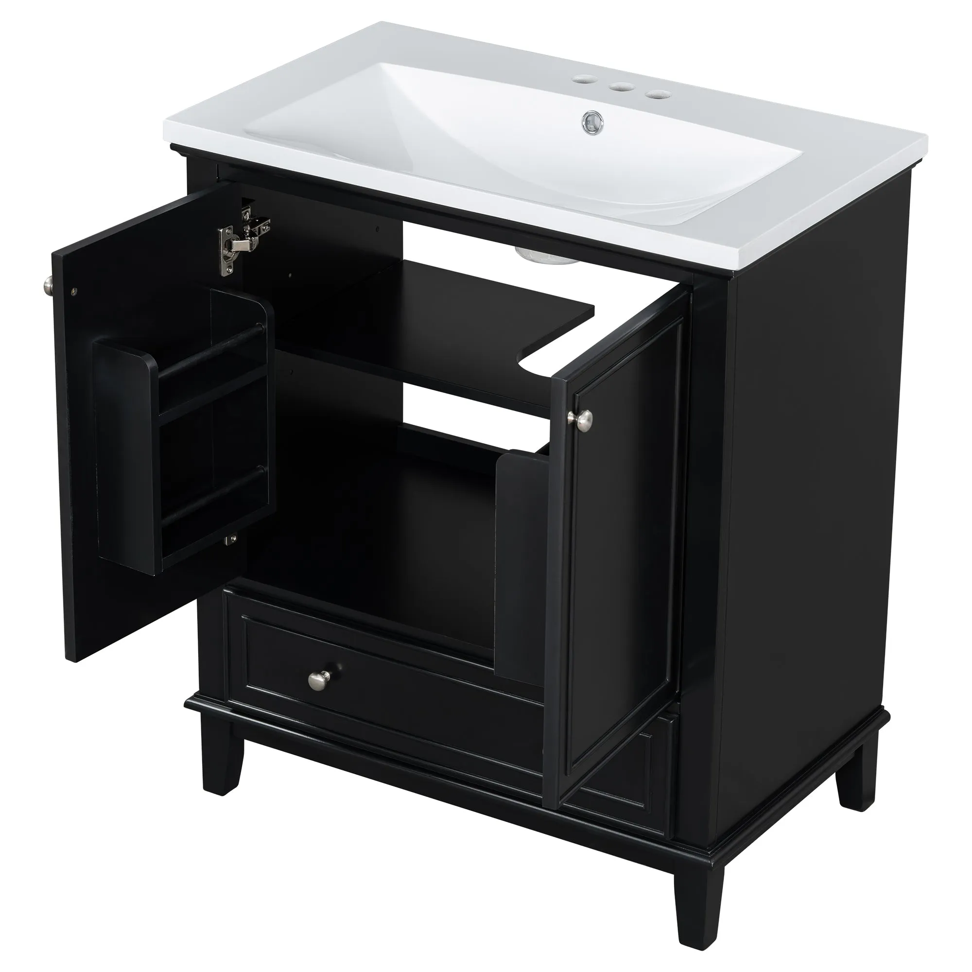 30" Bathroom Vanity with Sink Combo, Multi-Functional Cabinet, Doors, Drawer, Solid Frame, MDF, Black