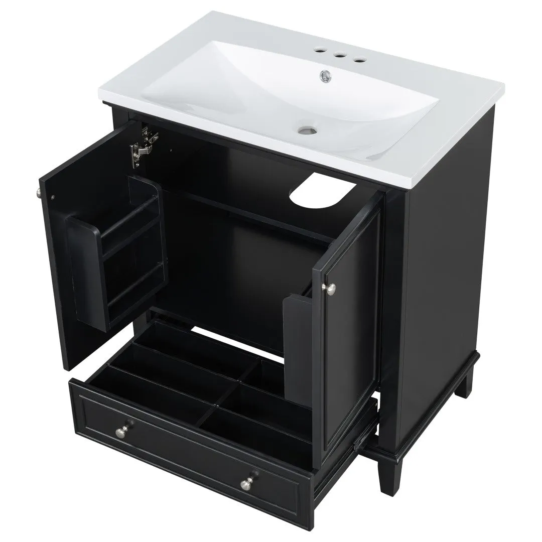 30" Bathroom Vanity with Sink Combo, Multi-Functional Cabinet, Doors, Drawer, Solid Frame, MDF, Black
