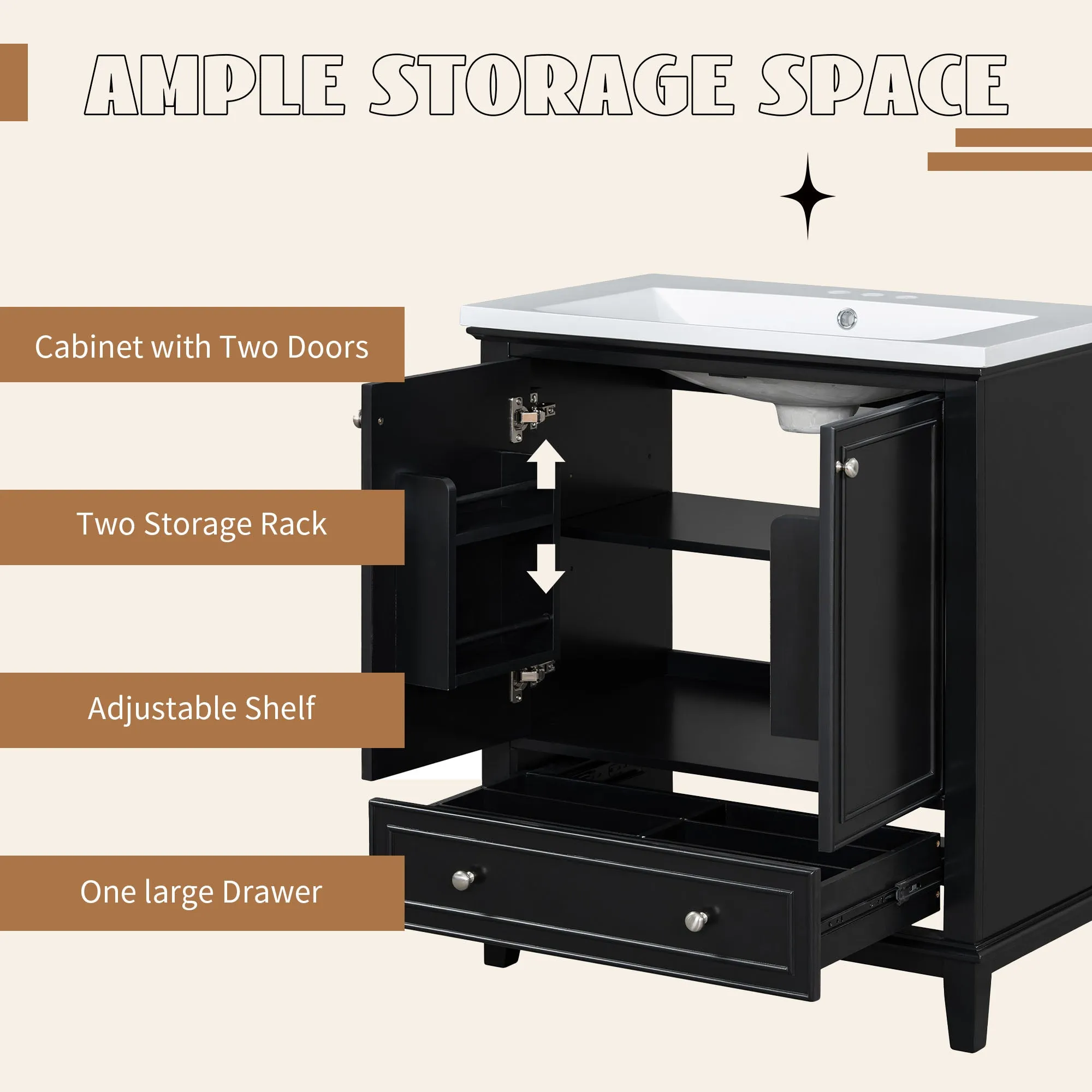 30" Bathroom Vanity with Sink Combo, Multi-Functional Cabinet, Doors, Drawer, Solid Frame, MDF, Black