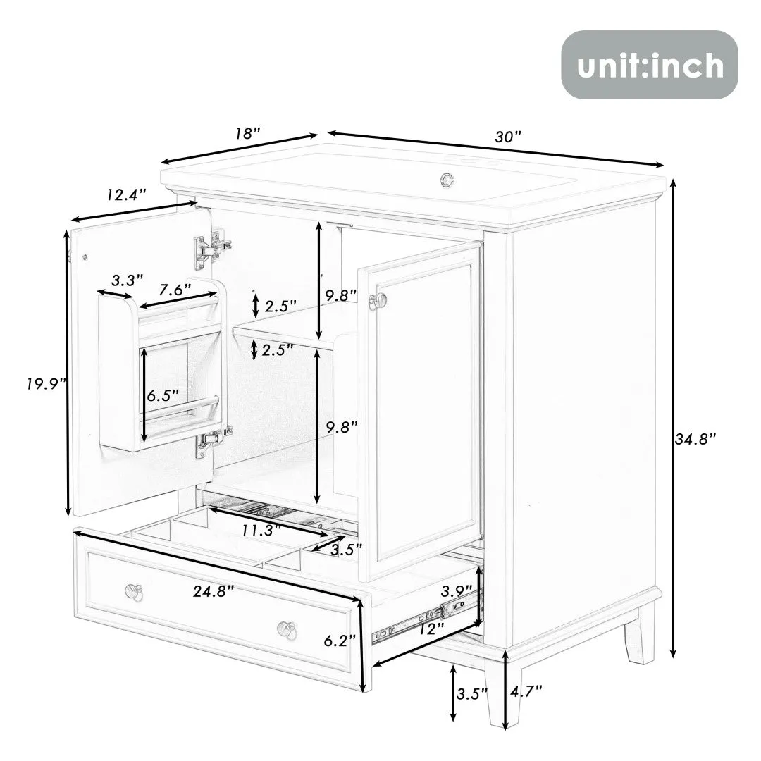 30" Bathroom Vanity with Sink Combo, Multi-Functional Cabinet, Doors, Drawer, Solid Frame, MDF, Black