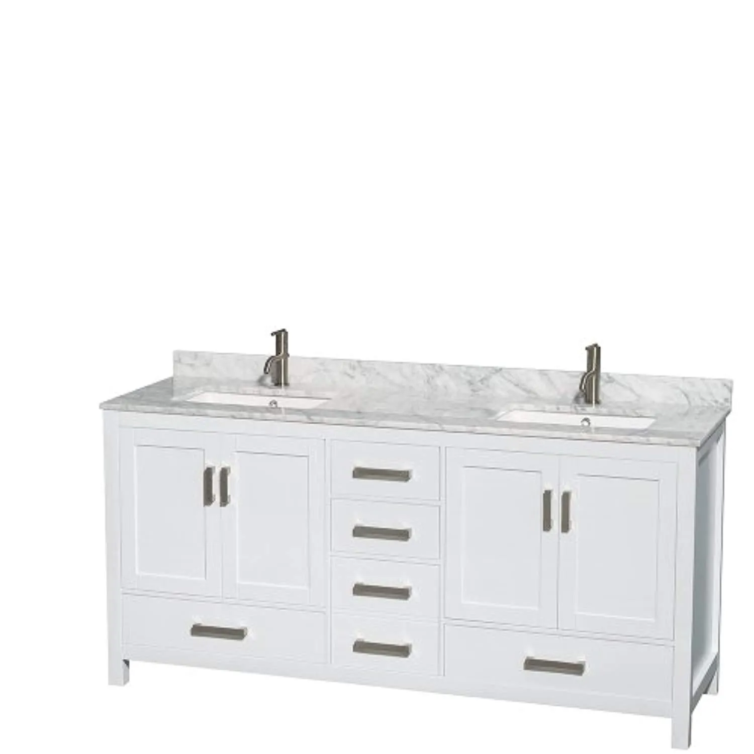 72 inch Double Bathroom Vanity in White, White Carrara Marble Countertop, Undermount Square Sinks, and 70 inch Mirror