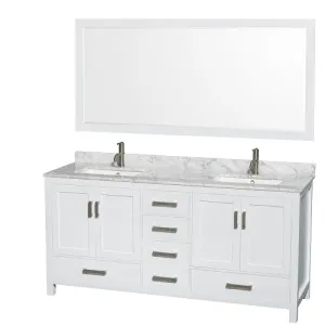 72 inch Double Bathroom Vanity in White, White Carrara Marble Countertop, Undermount Square Sinks, and 70 inch Mirror