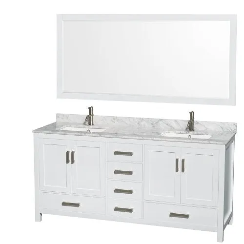 72 inch Double Bathroom Vanity in White, White Carrara Marble Countertop, Undermount Square Sinks, and 70 inch Mirror