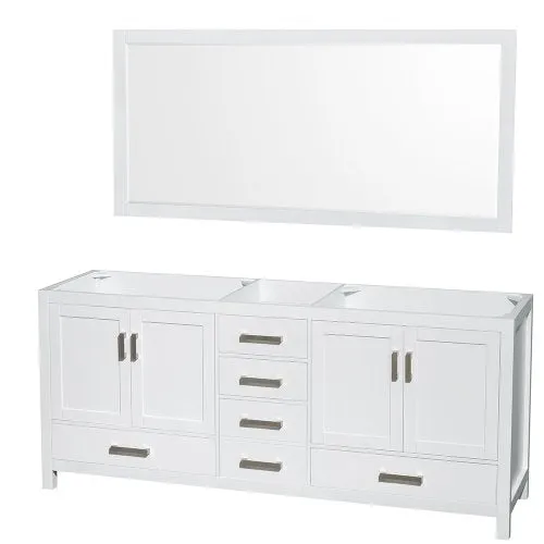 72 inch Double Bathroom Vanity in White, White Carrara Marble Countertop, Undermount Square Sinks, and 70 inch Mirror