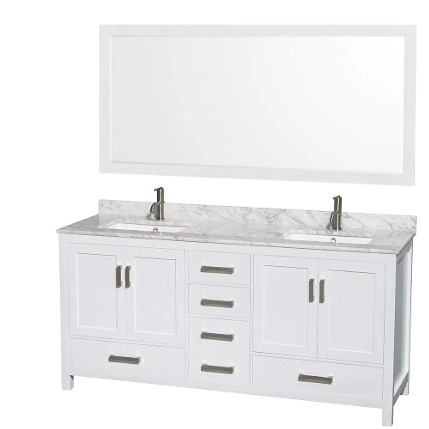 72 inch Double Bathroom Vanity in White, White Carrara Marble Countertop, Undermount Square Sinks, and 70 inch Mirror