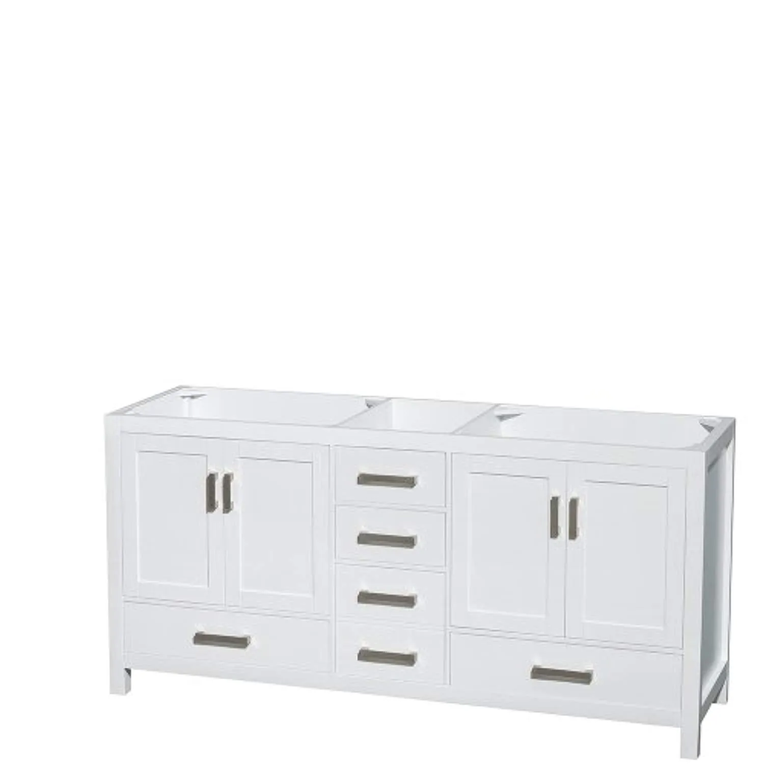 72 inch Double Bathroom Vanity in White, White Carrara Marble Countertop, Undermount Square Sinks, and 70 inch Mirror