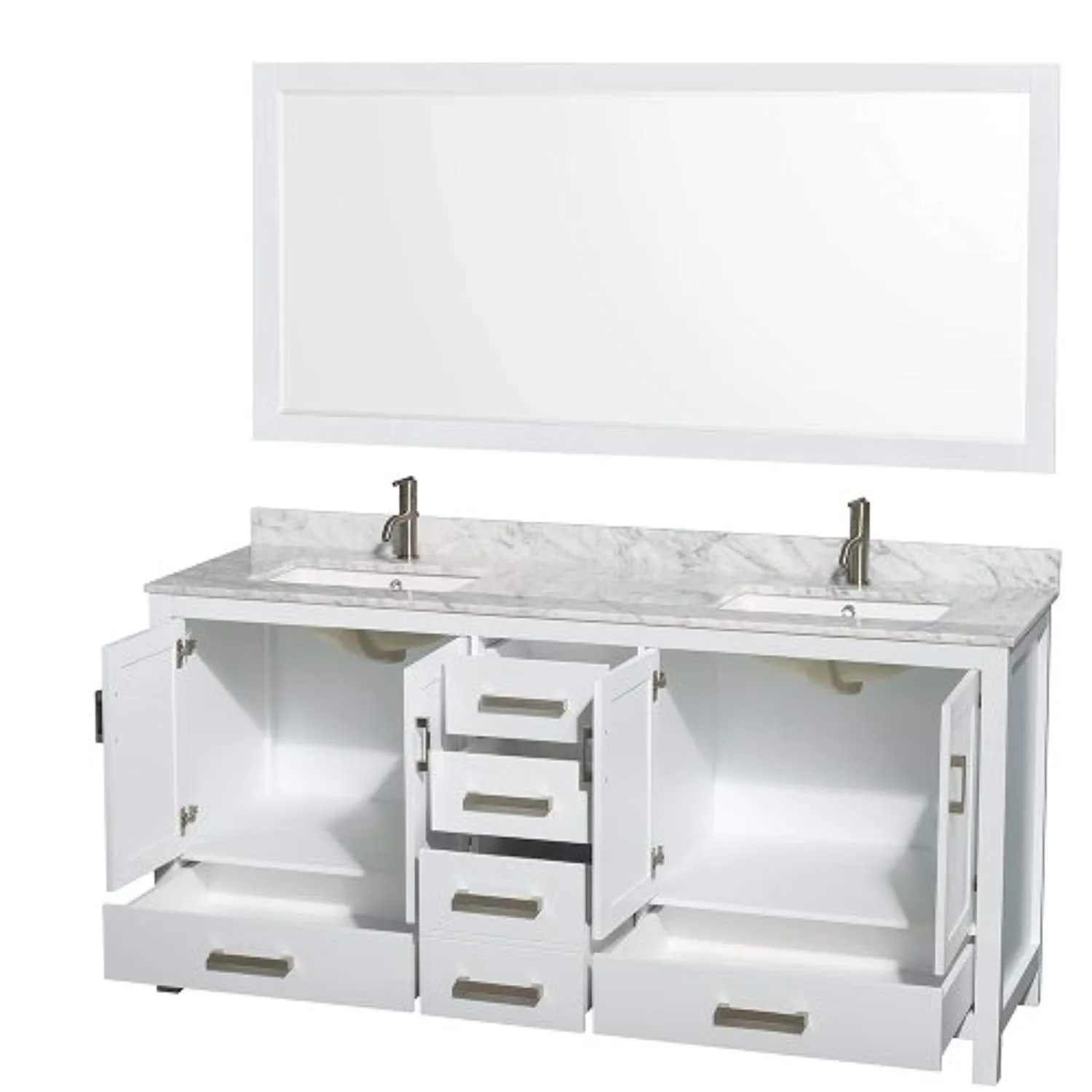 72 inch Double Bathroom Vanity in White, White Carrara Marble Countertop, Undermount Square Sinks, and 70 inch Mirror