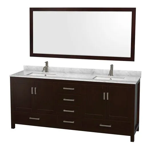 72 inch Double Bathroom Vanity in White, White Carrara Marble Countertop, Undermount Square Sinks, and 70 inch Mirror