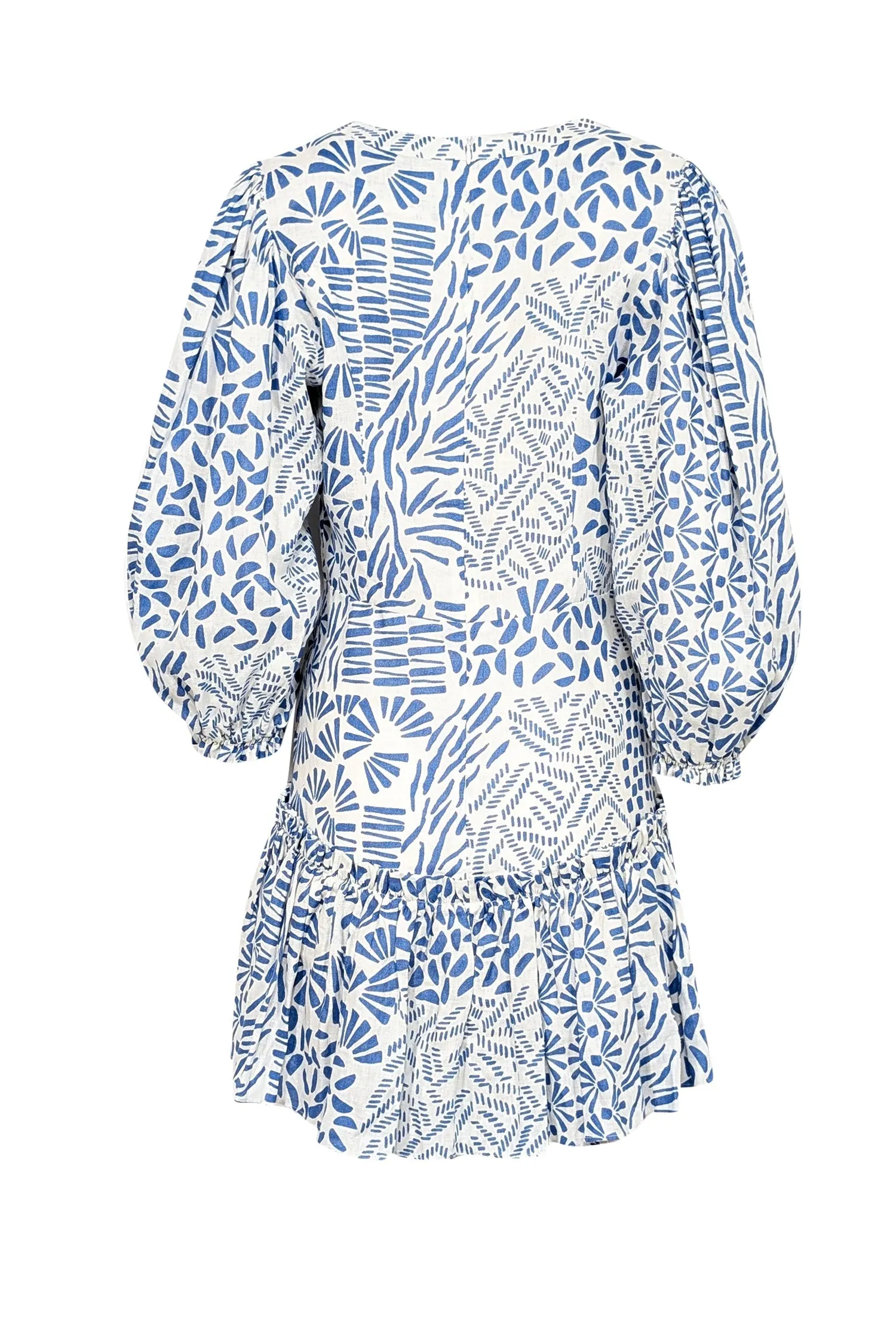 Alexis - Off-White & Blue Abstract Print Linen Mini Dress Sz L