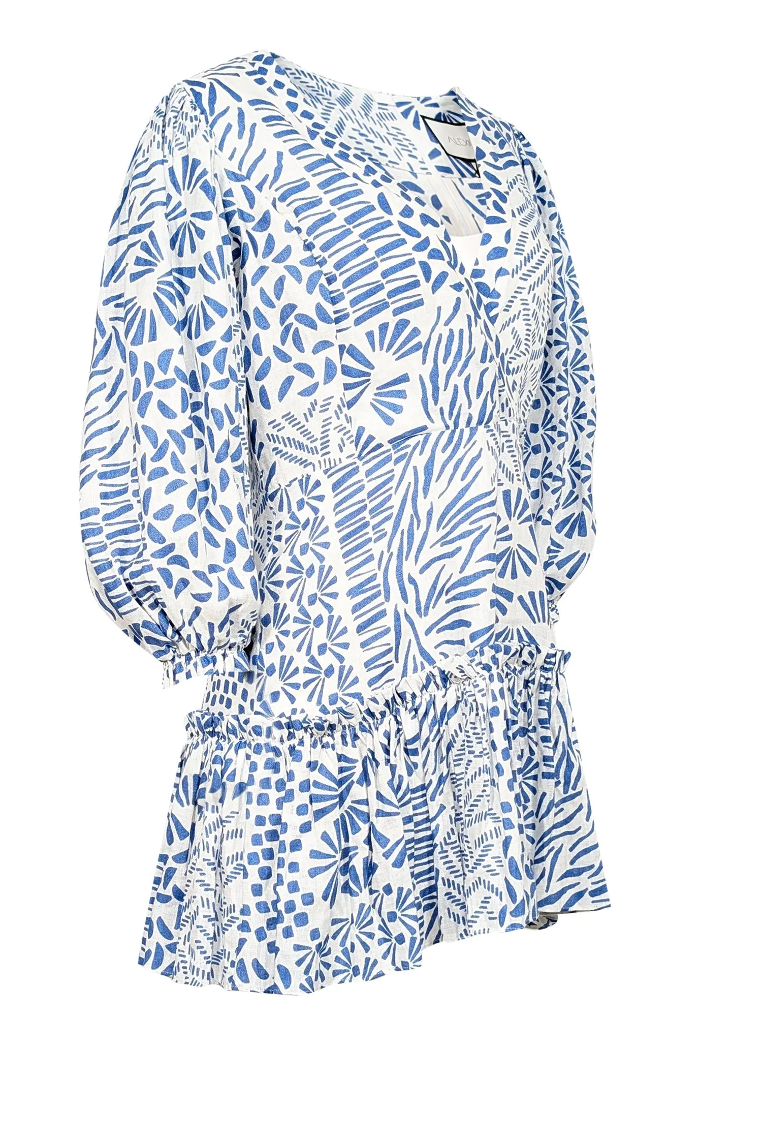 Alexis - Off-White & Blue Abstract Print Linen Mini Dress Sz L