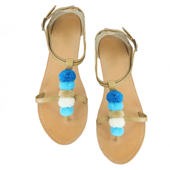 Blue Pom Pom Navvy Natural Leather Sandals