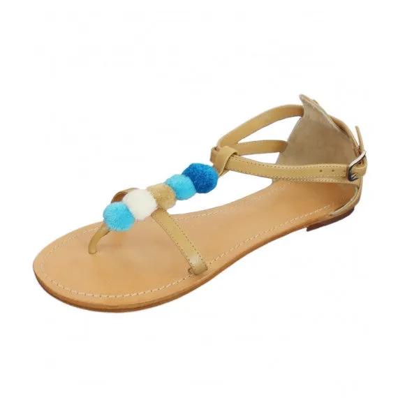 Blue Pom Pom Navvy Natural Leather Sandals