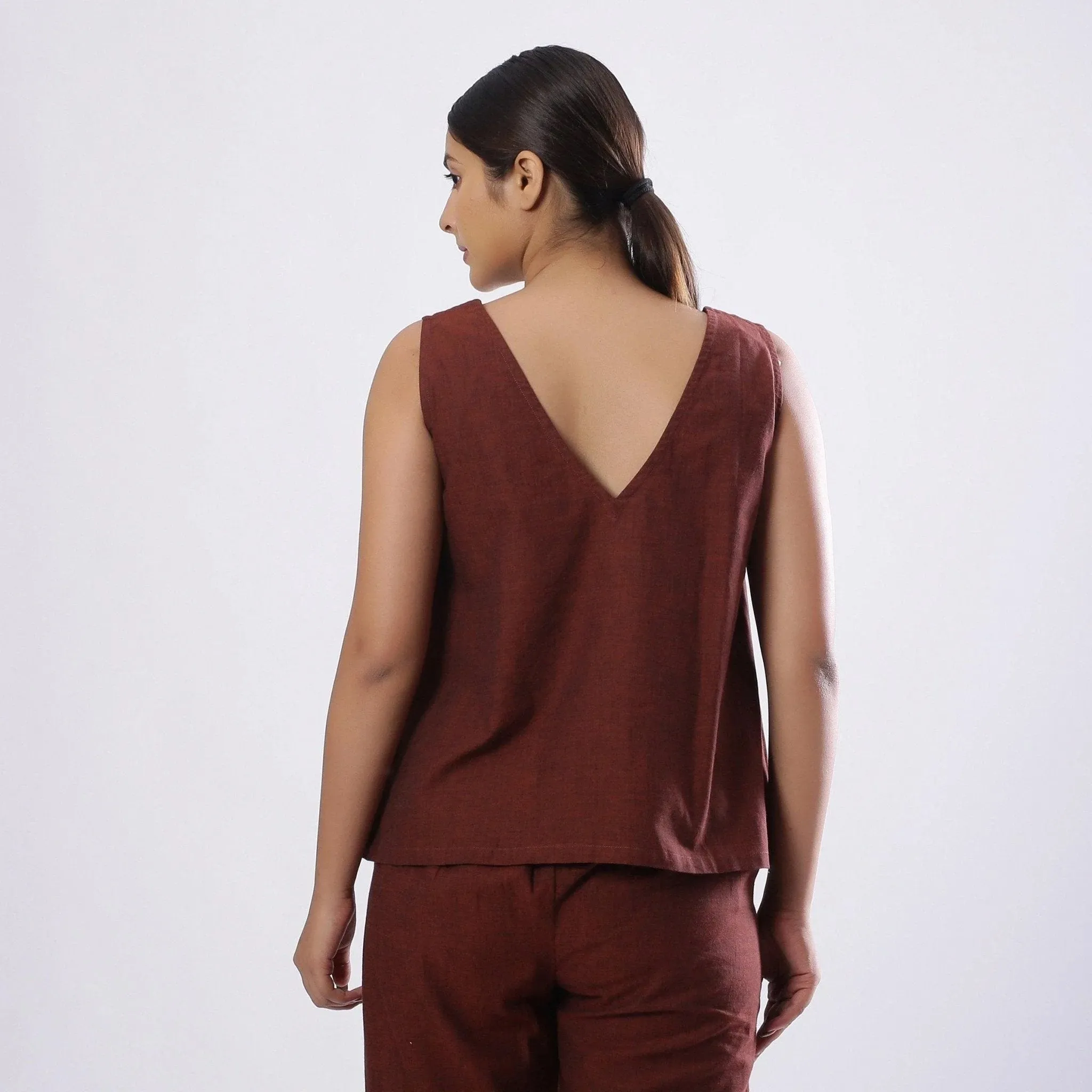 Brown Round Neck Mangalgiri Cotton Sleeveless Top