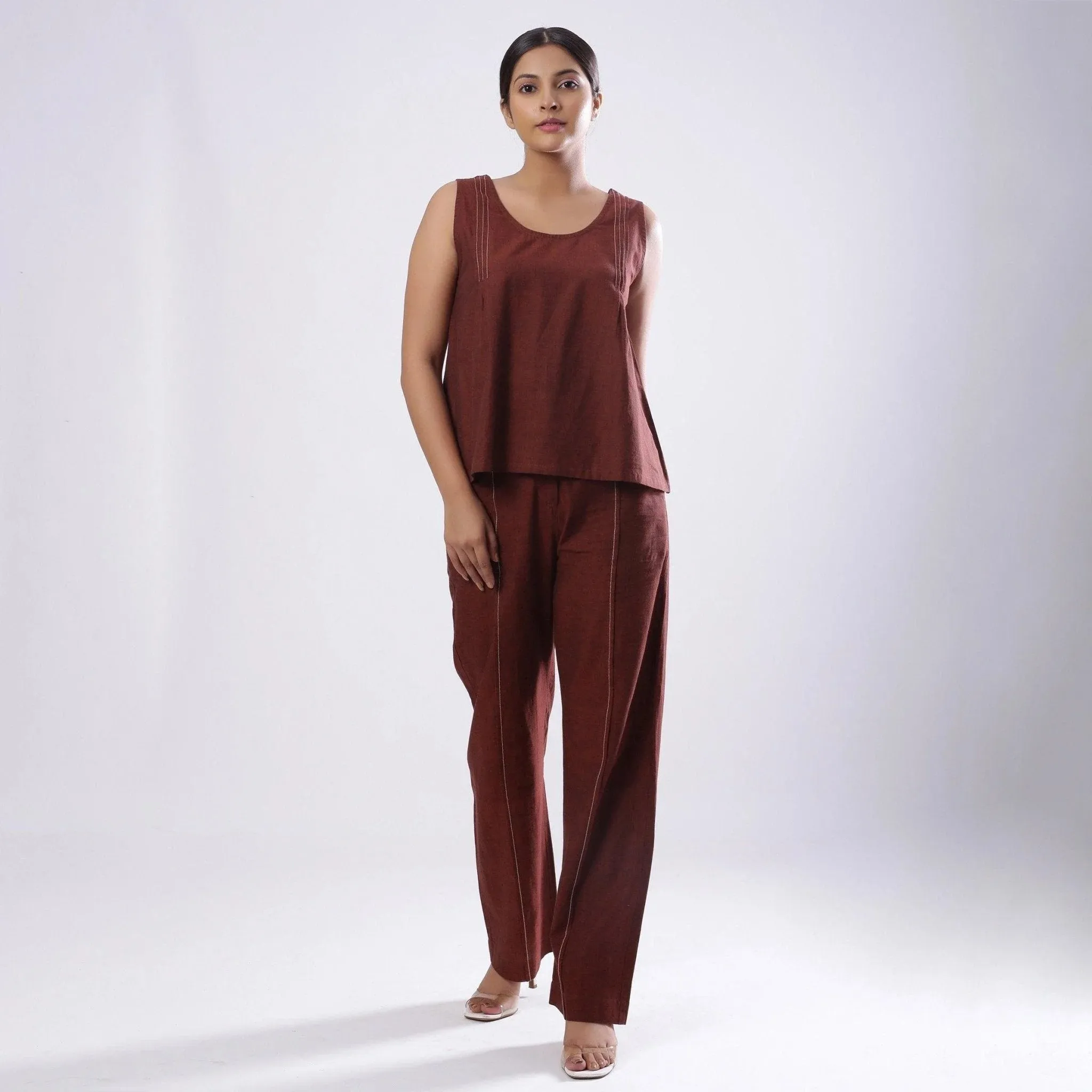 Brown Round Neck Mangalgiri Cotton Sleeveless Top