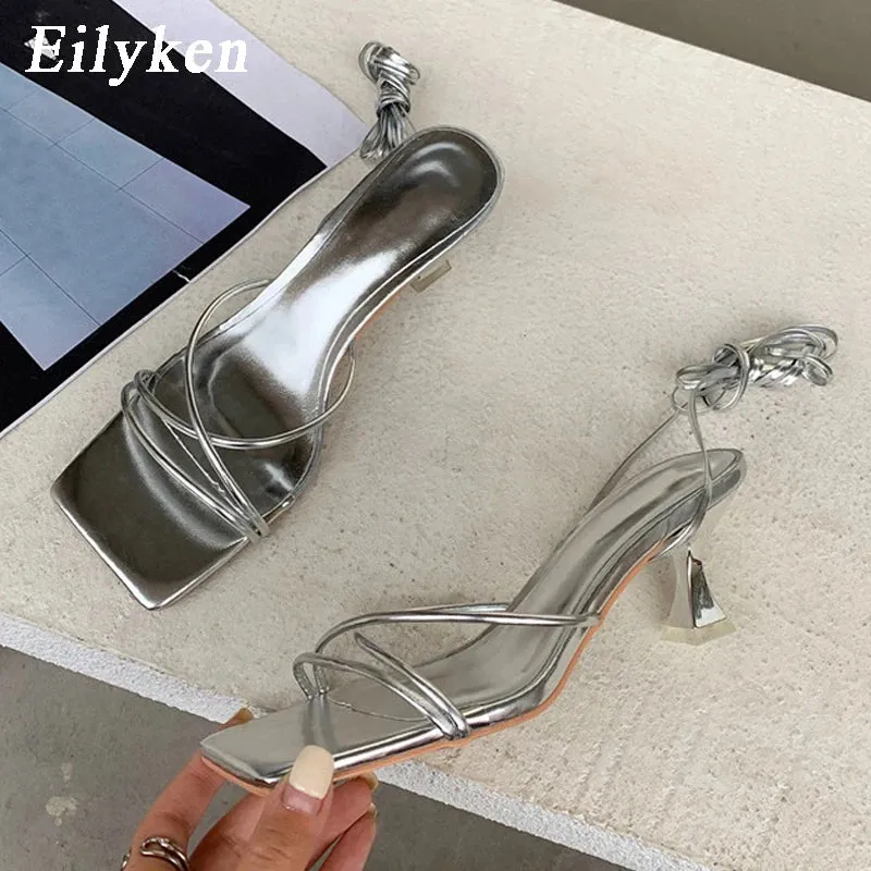 Eilyken Fashion Gold Silver Sandals Thin Low Heel Lace Up Rome Summer Gladiator Shoes for Women