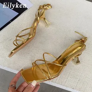Eilyken Fashion Gold Silver Sandals Thin Low Heel Lace Up Rome Summer Gladiator Shoes for Women