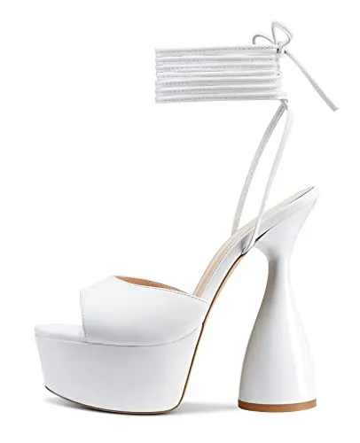 HDEUOLM Women High Heels Platform Ankle Strap Sandals Open Toe 6 Inch Chunky Heel Clear Heeled Plus Size Shoes White Patent