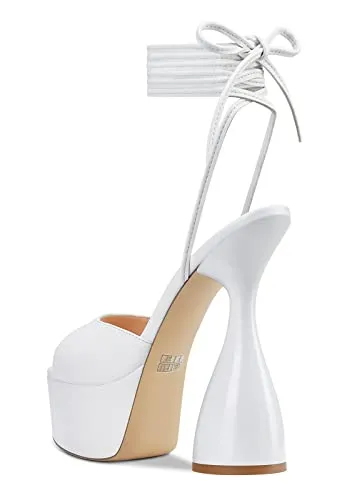 HDEUOLM Women High Heels Platform Ankle Strap Sandals Open Toe 6 Inch Chunky Heel Clear Heeled Plus Size Shoes White Patent