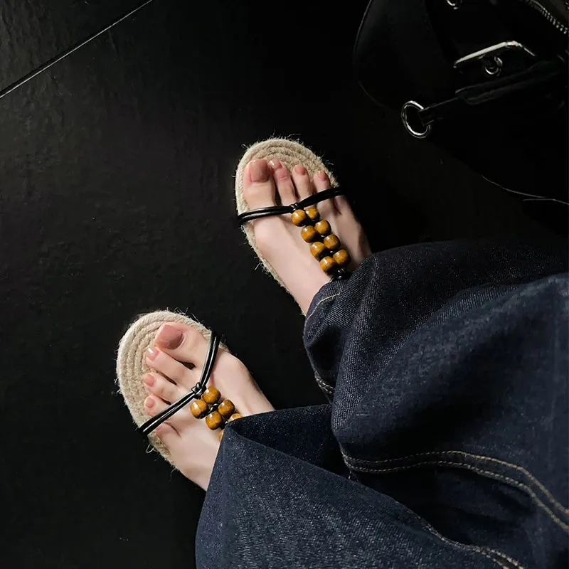 Mariel Straw Woven Bead Gladiator Sandals