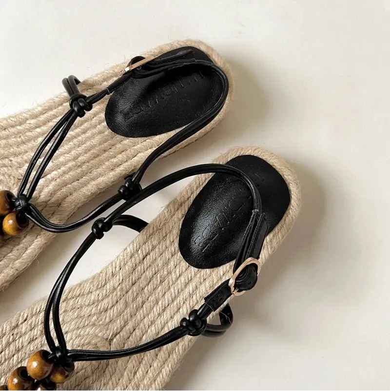 Mariel Straw Woven Bead Gladiator Sandals