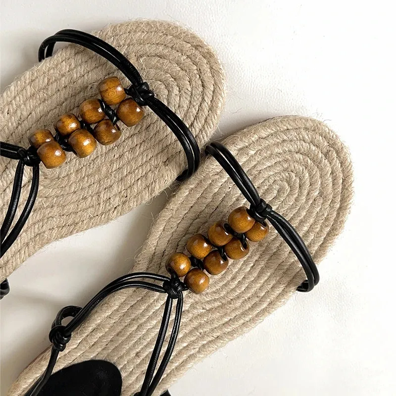 Mariel Straw Woven Bead Gladiator Sandals