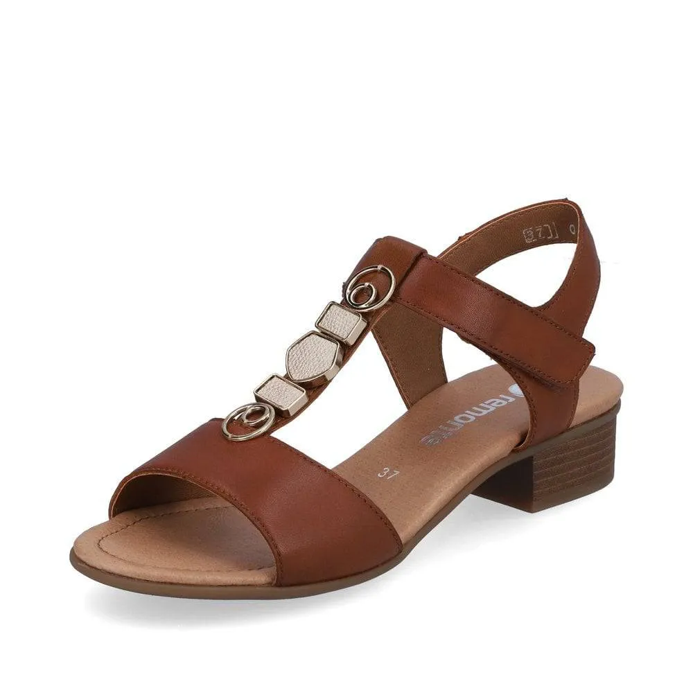 Remonte Brown Leather Decorative T-Bar Velcro Strap Open Toe Block Heel Sandal