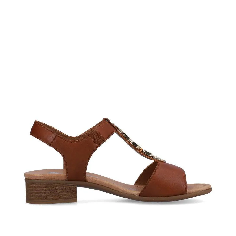Remonte Brown Leather Decorative T-Bar Velcro Strap Open Toe Block Heel Sandal