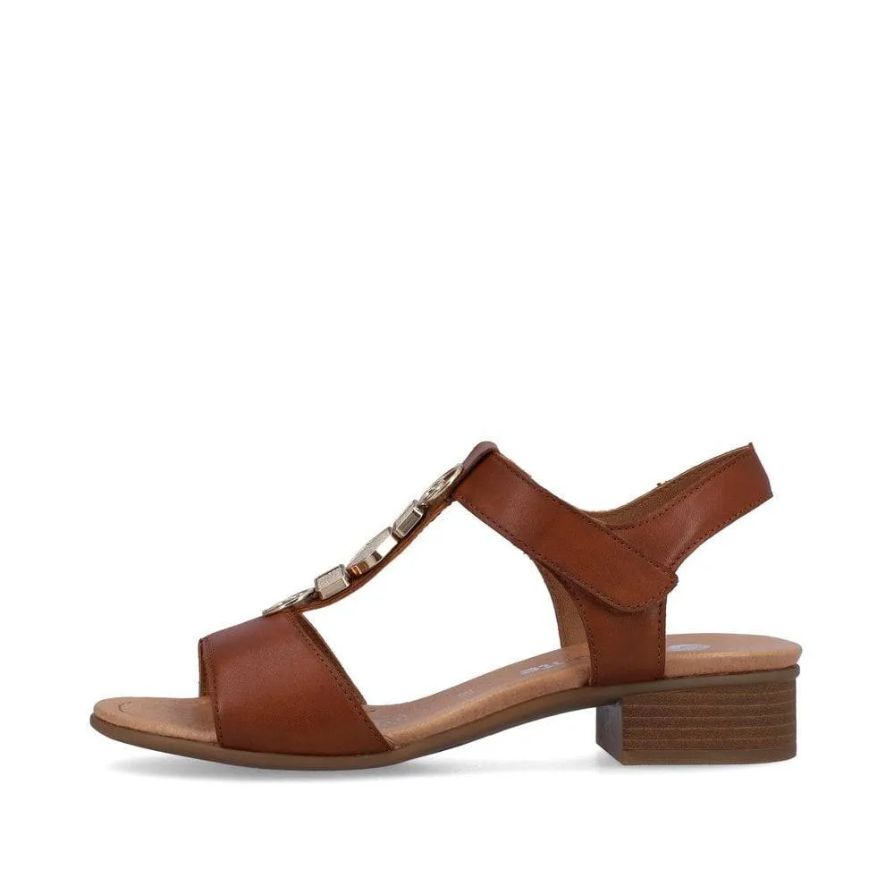 Remonte Brown Leather Decorative T-Bar Velcro Strap Open Toe Block Heel Sandal