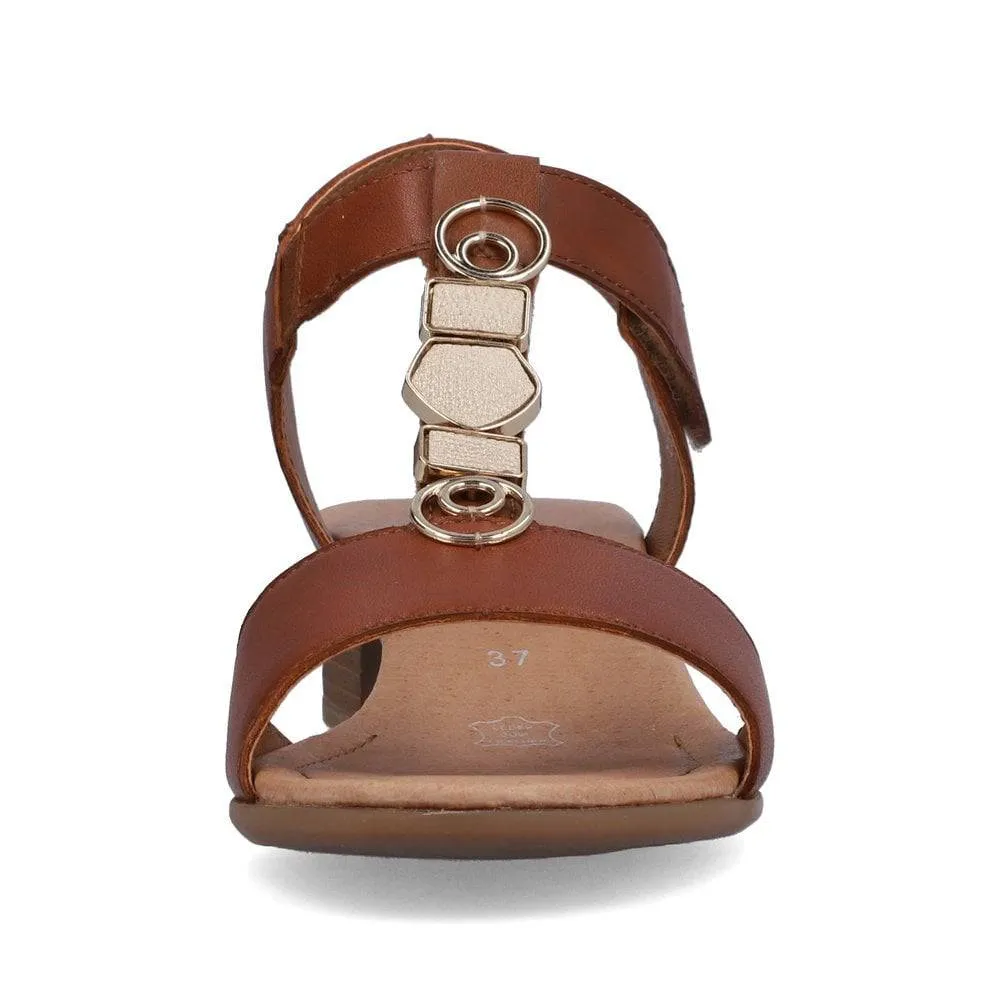 Remonte Brown Leather Decorative T-Bar Velcro Strap Open Toe Block Heel Sandal