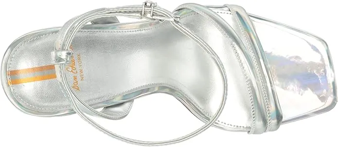 Sam Edelman Kia Soft Silver Squared Open Toe Ankle Strap Block Heeled Sandals