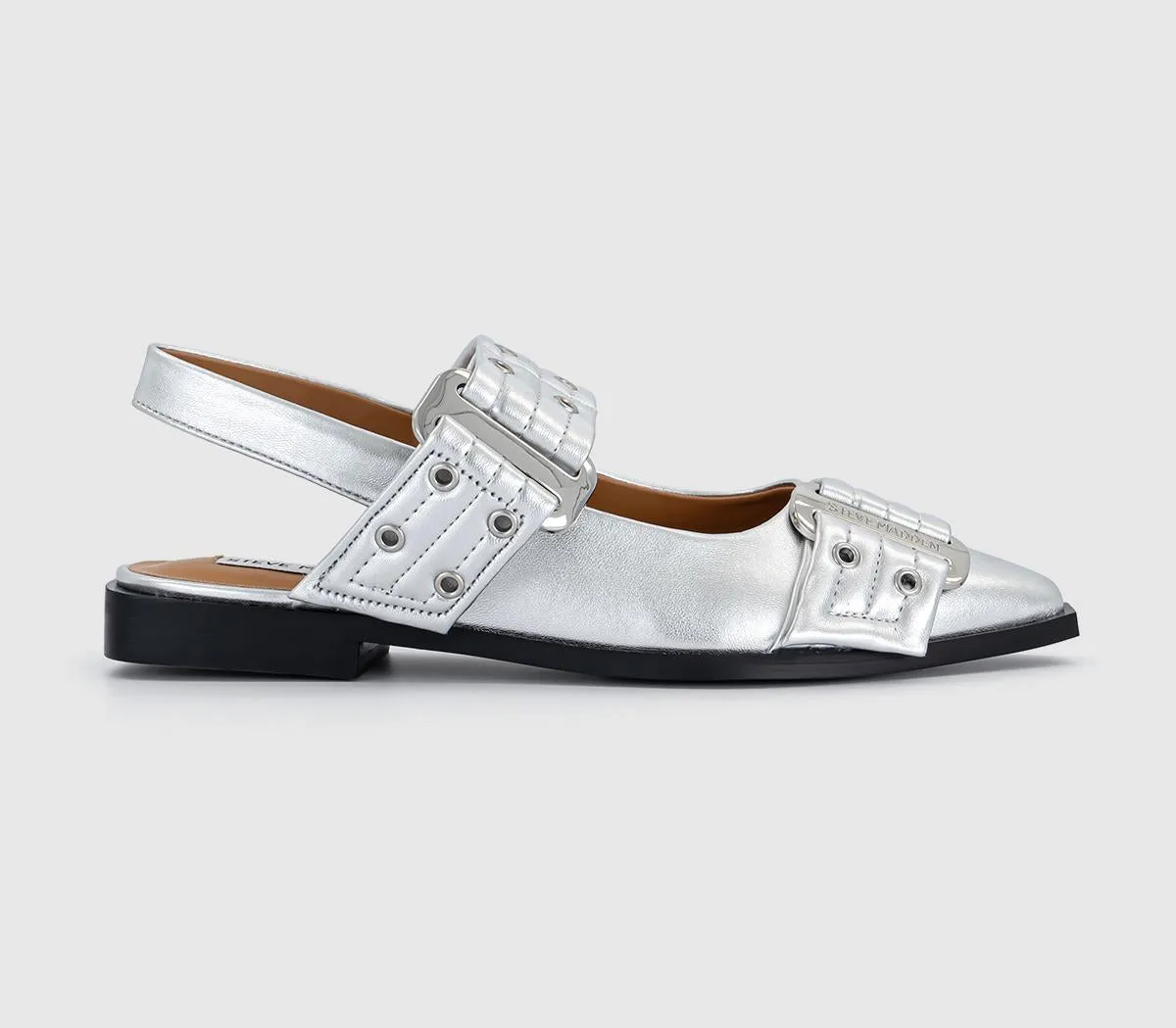 Womens Steve Madden Grand Ave Buckle Ballet Flats Silver